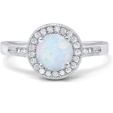 Halo Fashion Ring Round Lab Created White Opal 925 Sterling Silver
